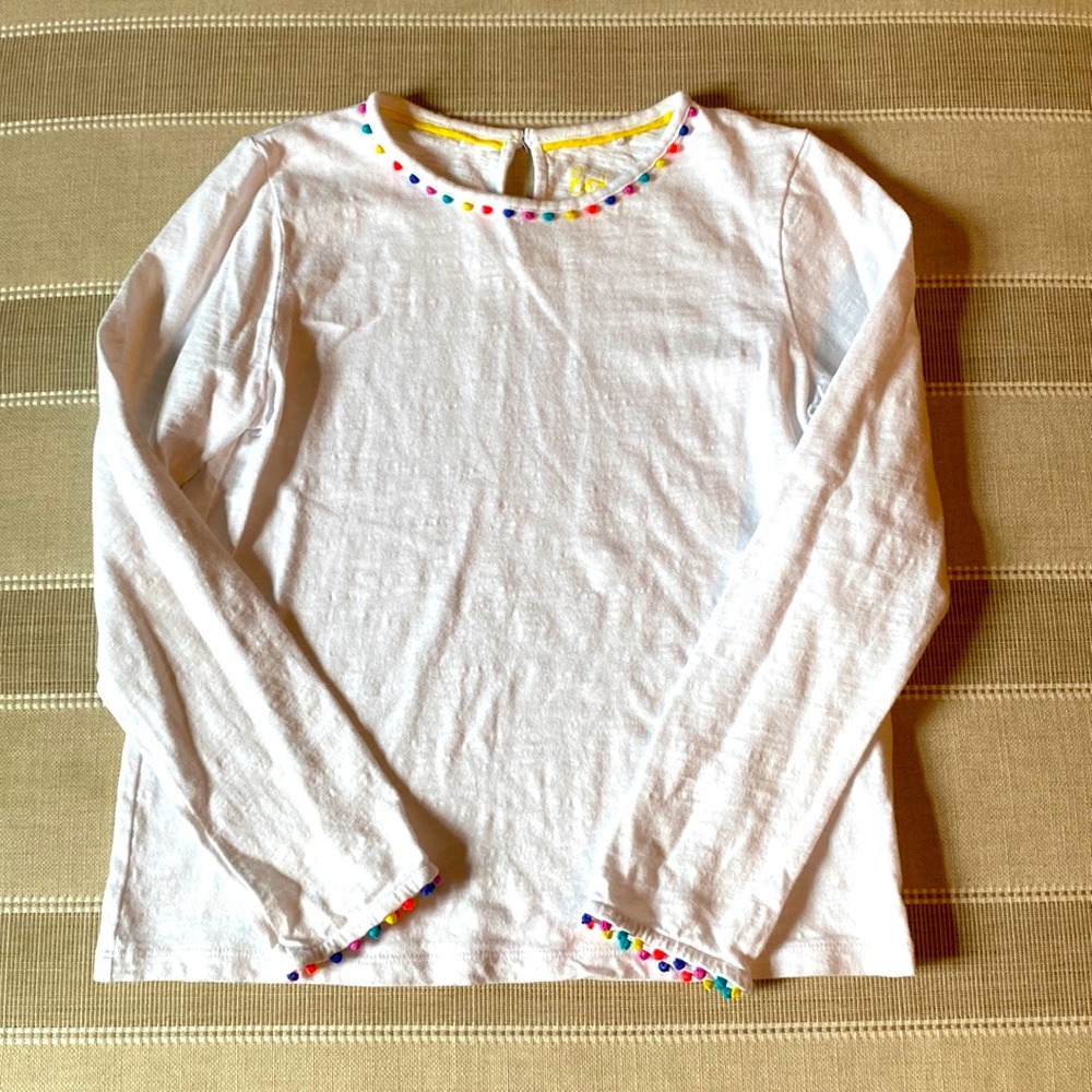 Mini Boden white long sleeve shirt with pom-pom trim; Girls size 11–12